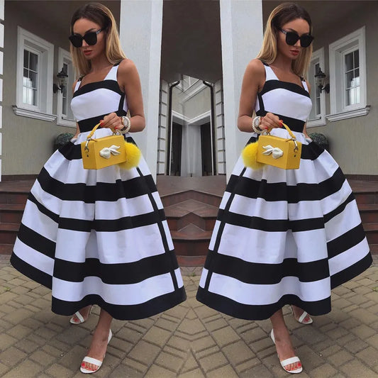 Casual Dresses Women Elegant Off Shoulder Long Party Dress Summer Striped Print Sleeveless Fashion Chic A-Line Suspender Beach