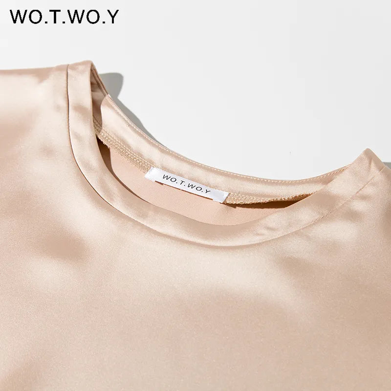 WOTWOY Oversized Satin T shirt Dress Women Summer Short Sleeve Silk Mini Dresses Female Black White Sexy Tops Robe Femme 220613