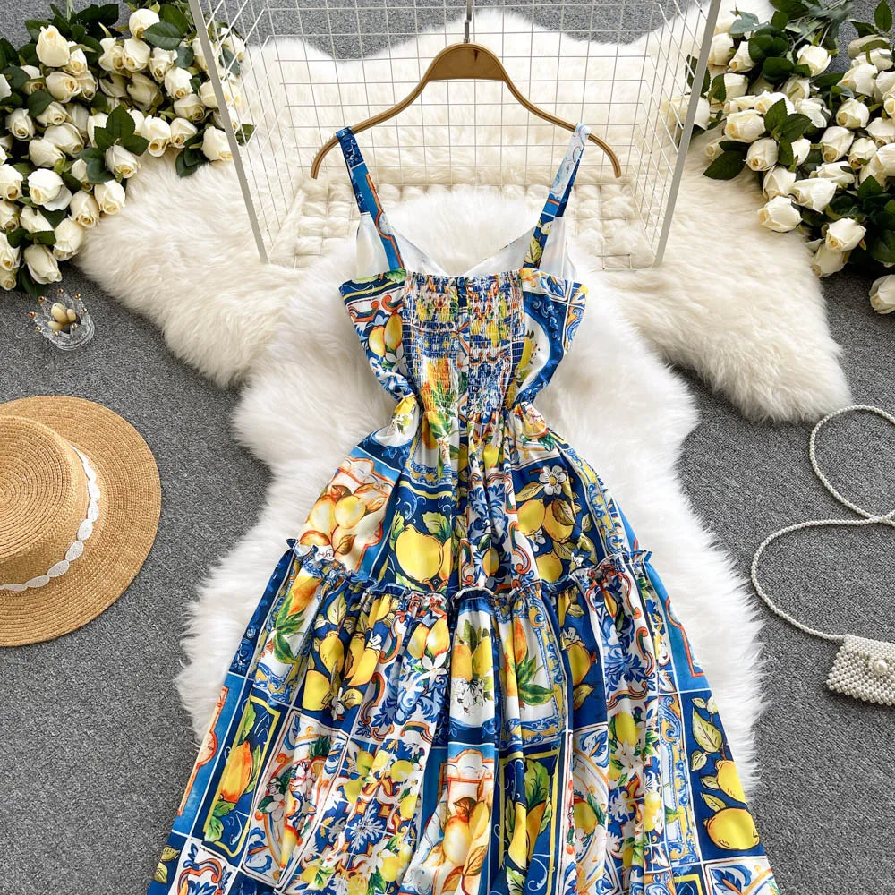 Summer Casual Dresses women 2024 Fashion Bohemian Long Dresses Vacation Elegant sexy Strap Lemon print plus size