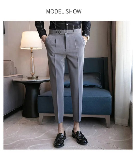 9 Part Pants For Men Pleated Pants Korean Fashion Ankle Length Streetwear Casual Pant Men's Formal Trousers Slacks Chinos New Brand