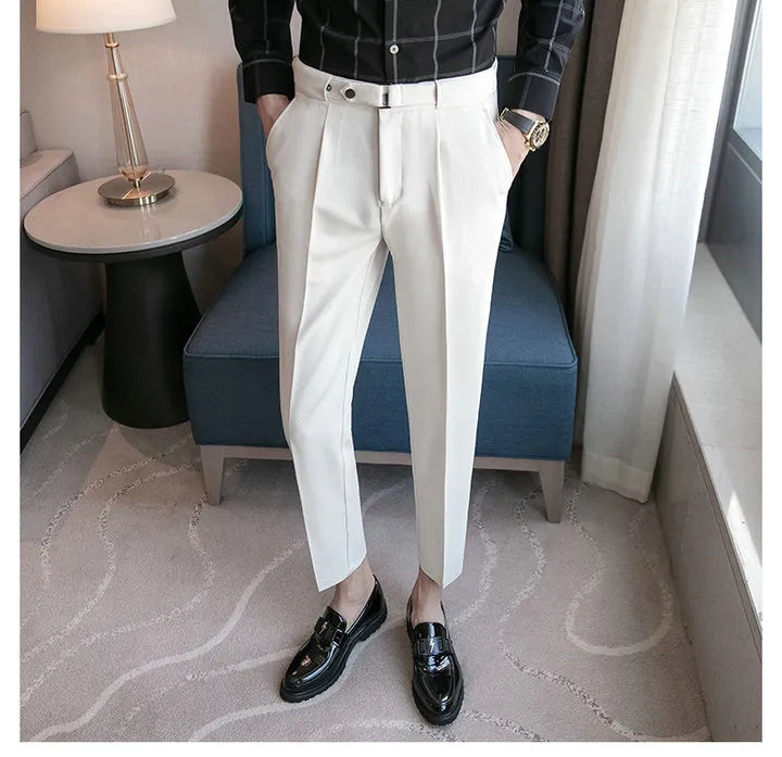 9 Part Pants For Men Pleated Pants Korean Fashion Ankle Length Streetwear Casual Pant Men's Formal Trousers Slacks Chinos New Brand