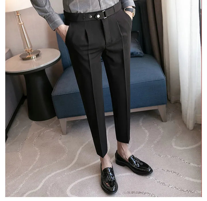 9 Part Pants For Men Pleated Pants Korean Fashion Ankle Length Streetwear Casual Pant Men's Formal Trousers Slacks Chinos New Brand