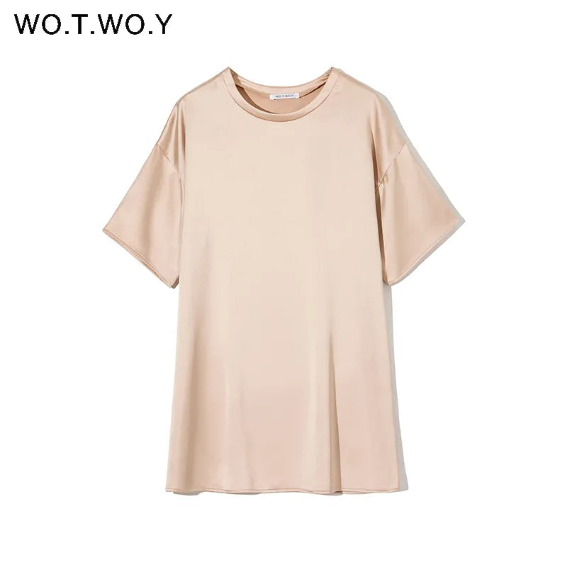 WOTWOY Oversized Satin T shirt Dress Women Summer Short Sleeve Silk Mini Dresses Female Black White Sexy Tops Robe Femme 220613