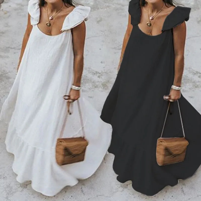 Womens Dress 2020 Summer Ruffles Sundress Women Bohemian Solid Maxi Dress Casual Loose Female Sleeveless Robe Long Vestidos Plus Size