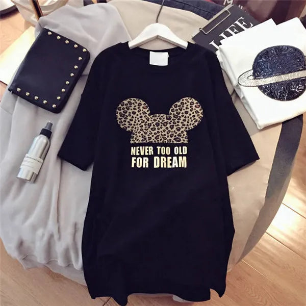 Women Designer T shirts Brand Dresses with Animal Lovely Mouse Fashion New Arrival Summer Dress for Women Short Sleeve Long Tee Dress M-XXL