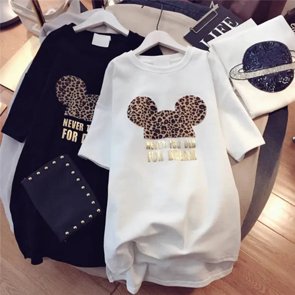 Women Designer T shirts Brand Dresses with Animal Lovely Mouse Fashion New Arrival Summer Dress for Women Short Sleeve Long Tee Dress M-XXL