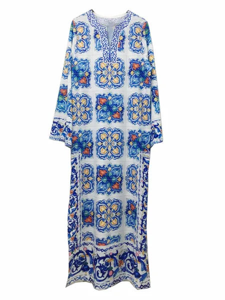 Hot Sale GETSPRING Women Dress Summer Maxi Dress Print Chiffon Dresses V Neck Long Sleeve Loose Split Bohemia Boho Floral Plus Size Free