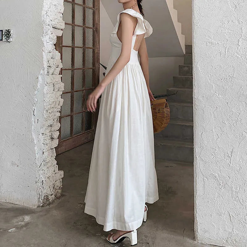 Women Elegant White Dress Bohemian Beach Holiday Sleeveless Midi Party Dresses Female Ladies Clothing Vestidos 210608