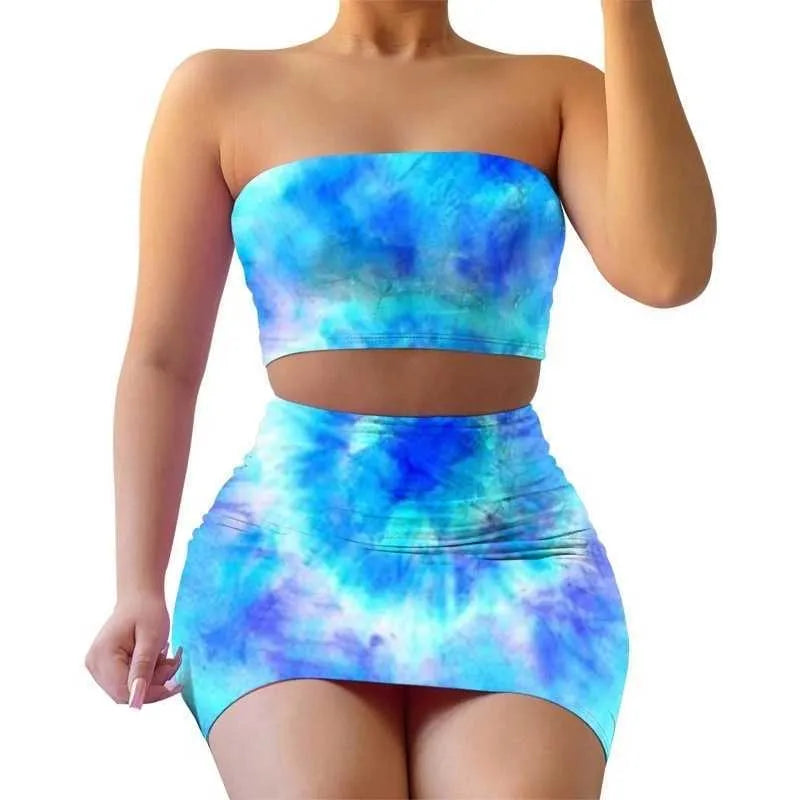 Swimsuit Bra outfits Summer Women Designer Casual Print Tie Dye Bra Skirt Two piece Sets Women Fashion Sexy Casual Clothing