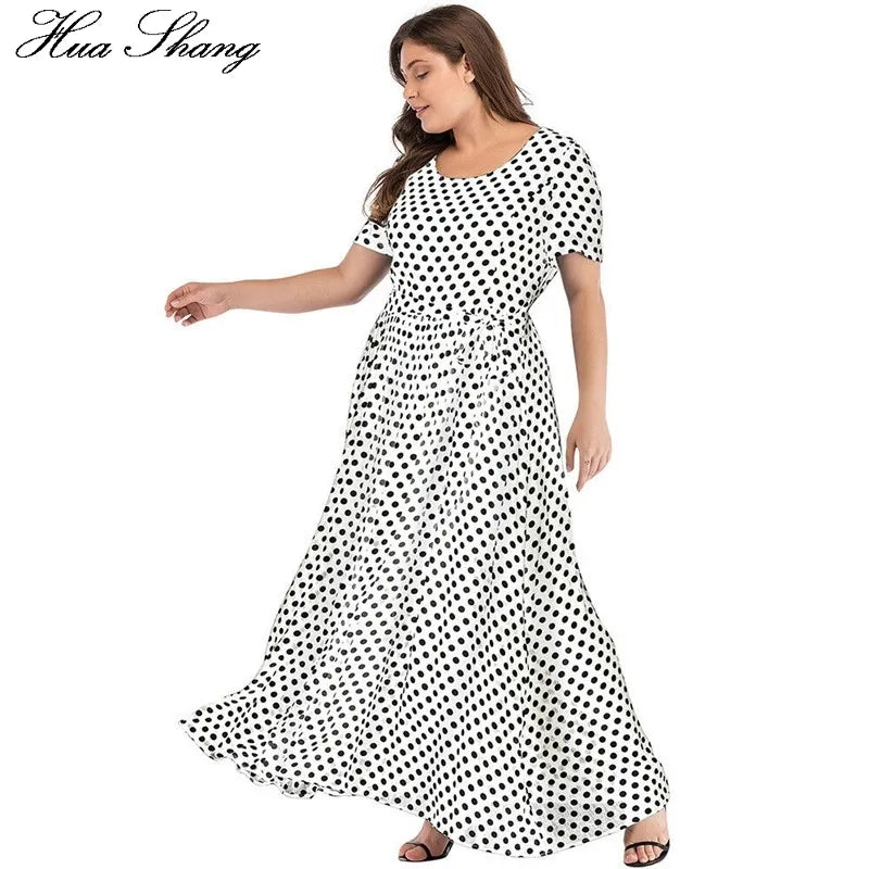 Plus Size Dress Women Summer Short Sleeve Polka Dot Print Boho Beach Dresses Belted Ladies Tunic Loose Oversized Maxi Long Dress 210302