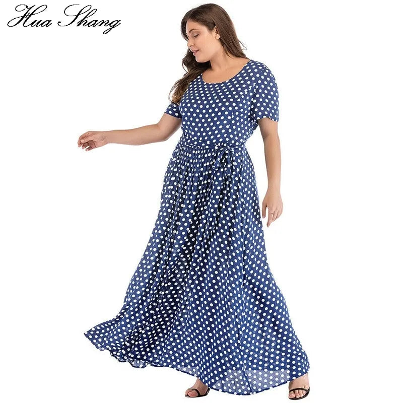 Plus Size Dress Women Summer Short Sleeve Polka Dot Print Boho Beach Dresses Belted Ladies Tunic Loose Oversized Maxi Long Dress 210302