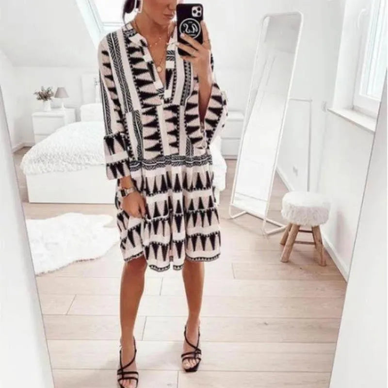 Casual Dresses Summer Dress Geometric Print Woman Long Sleeve V Neck Beach Short For Women 2021 Party Sundress Loose Robe Femme