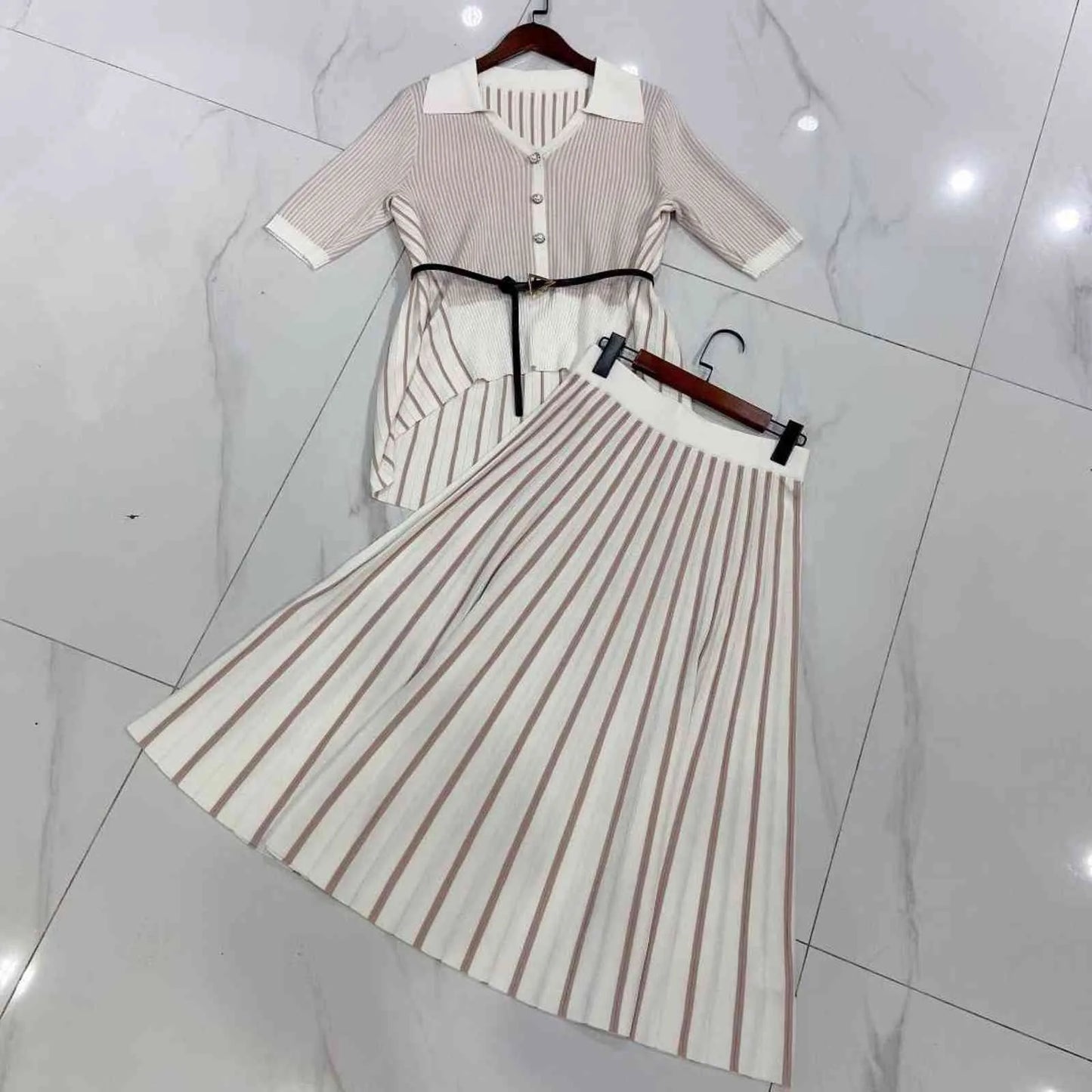 Autumn Winter Brand Fashion Women Knitted Two Piece Set Designer Asymmetric Striped Sweater Cardigan + Skirt Suits Outfits 211119