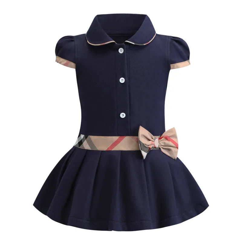 Baby Girls Dress Kids Lapel College Wind Bowknot Short Sleeve Pleated Polo Shirt Skirt Children Casual Designer Clothing Kids Clothes