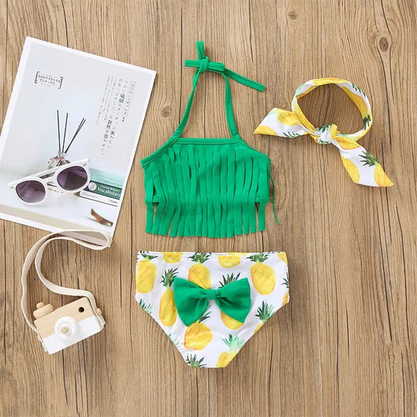 Baby Swim Swimsuit Two-Pieces Tassel Hanging Neck Kids Swimsuits Watermelon Pineapple Print Baby Girls Swimware Headband 3 Piece Set