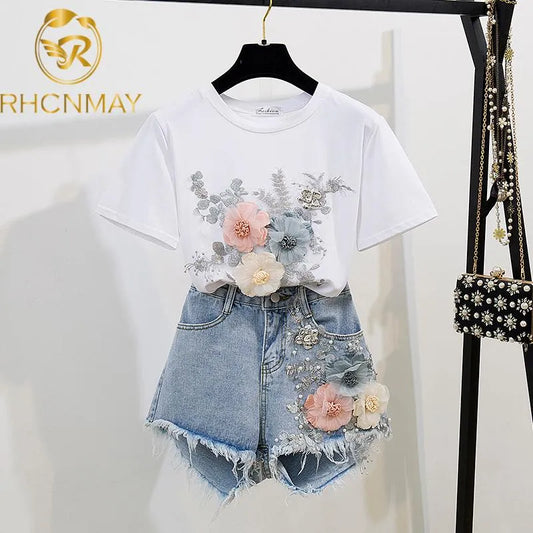 2021 Summer Women 2 Piece Sets Embroidery 3D Flower T-shirt + Denim Shorts Sets Vintage Beading Shorts