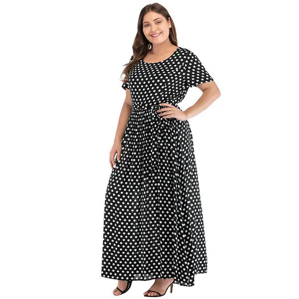 Plus Size Dress Women Summer Short Sleeve Polka Dot Print Boho Beach Dresses Belted Ladies Tunic Loose Oversized Maxi Long Dress 210302