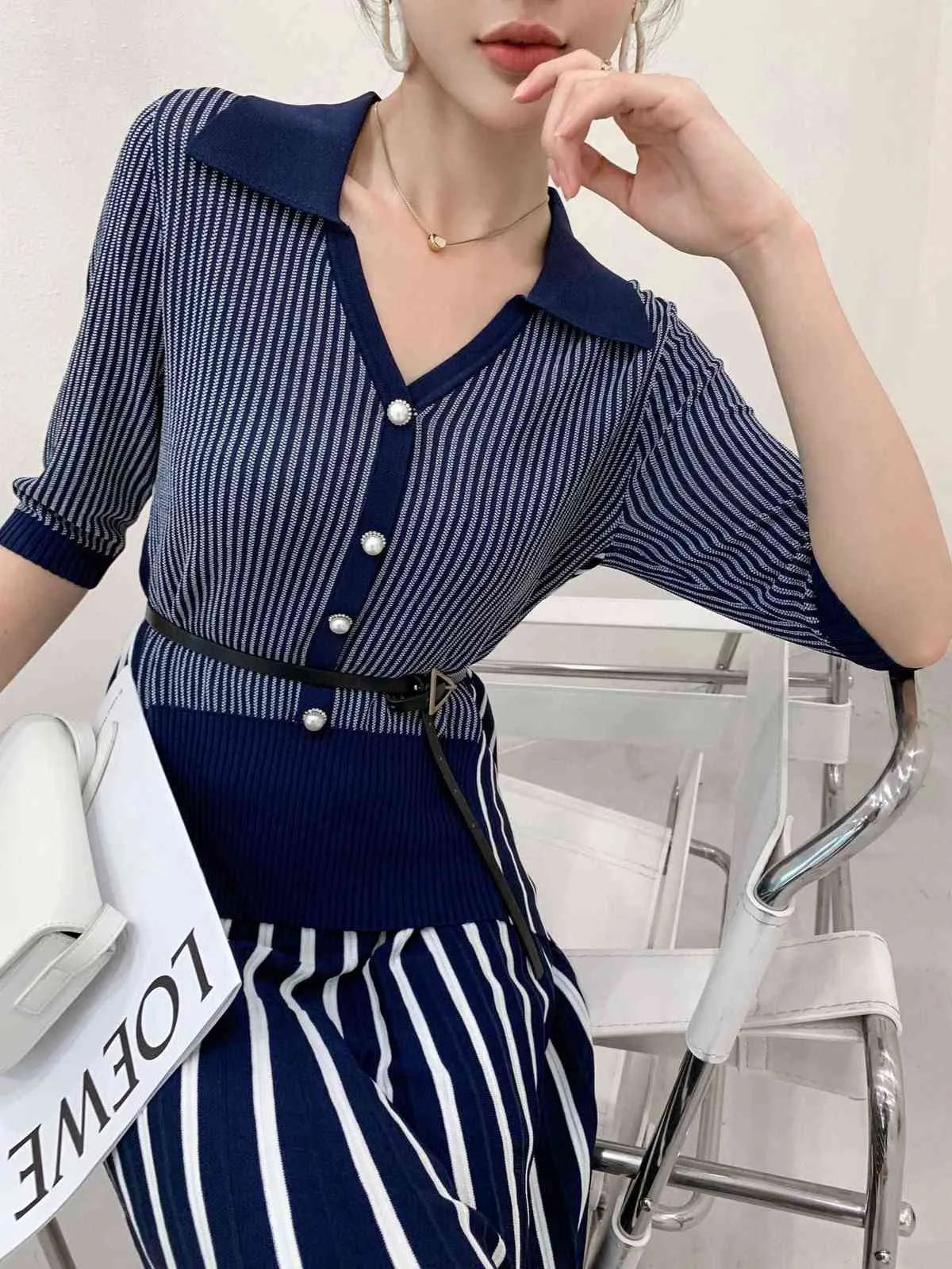 Autumn Winter Brand Fashion Women Knitted Two Piece Set Designer Asymmetric Striped Sweater Cardigan + Skirt Suits Outfits 211119