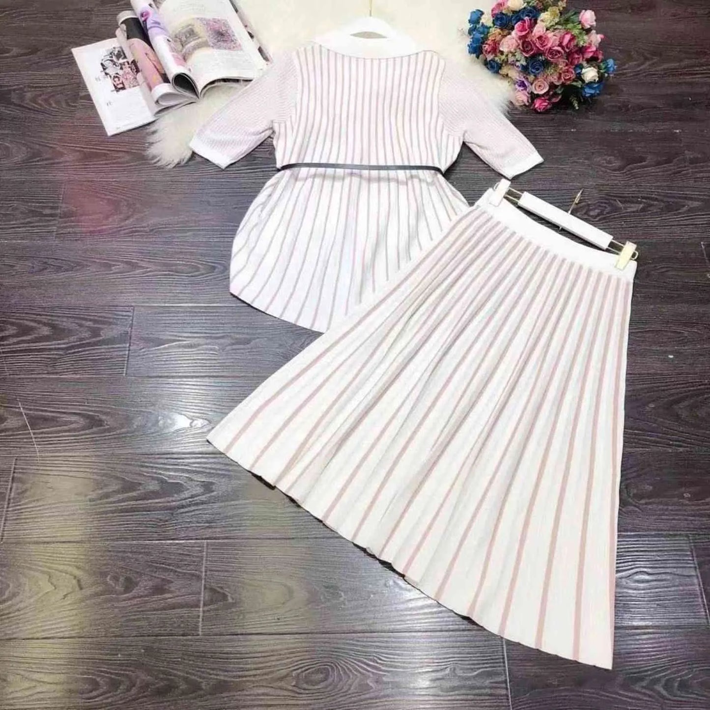 Autumn Winter Brand Fashion Women Knitted Two Piece Set Designer Asymmetric Striped Sweater Cardigan + Skirt Suits Outfits 211119