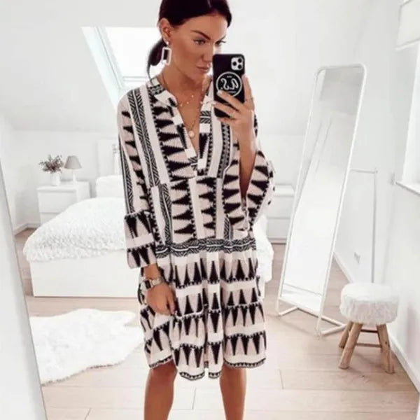 Casual Dresses Summer Dress Geometric Print Woman Long Sleeve V Neck Beach Short For Women 2021 Party Sundress Loose Robe Femme