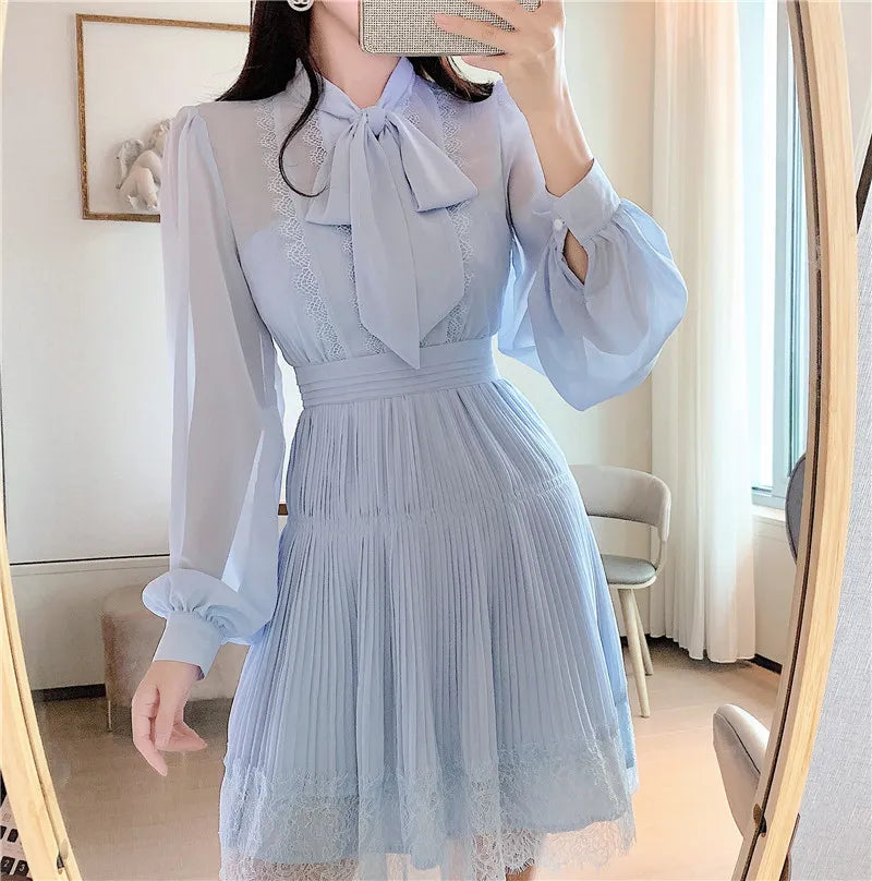 Elegant Pale Blue Chiffon Lace Trimmed Women Long Sleeve Bowknot Collar Pleated Dress Female High Waist Party Dresses 210416