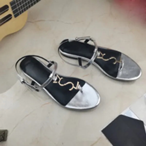 2021 New arrival designer Flat sandals metal strip Black Patent Leather Women Tribute Real Leather Letter Sandals metal buckle women shoes beach flip flops slides