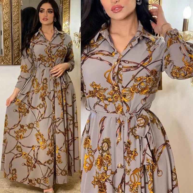 Designer Women's Casual Dresses Fashion French Elegant for Women Summer Retro Print Muslim Dubai Abaya Lapel Single-breasted Long Sleeve Shirt DressI25P