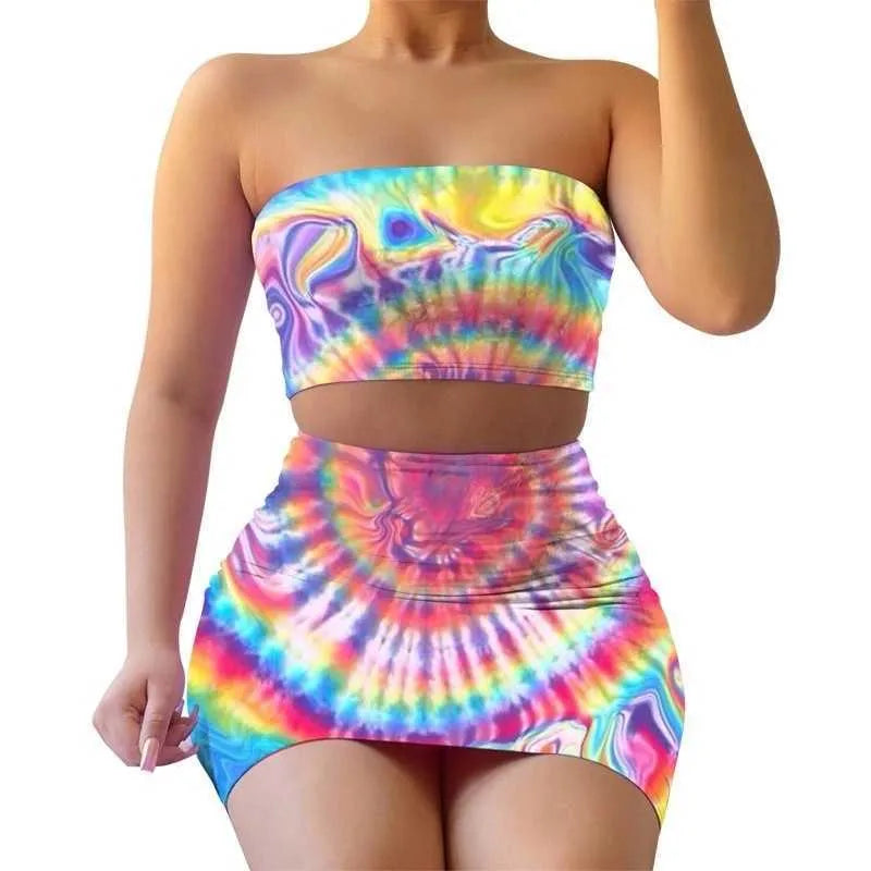 Swimsuit Bra outfits Summer Women Designer Casual Print Tie Dye Bra Skirt Two piece Sets Women Fashion Sexy Casual Clothing