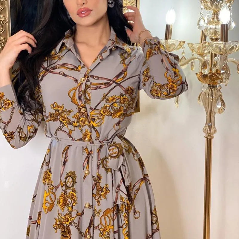 Designer Women's Casual Dresses Fashion French Elegant for Women Summer Retro Print Muslim Dubai Abaya Lapel Single-breasted Long Sleeve Shirt DressI25P