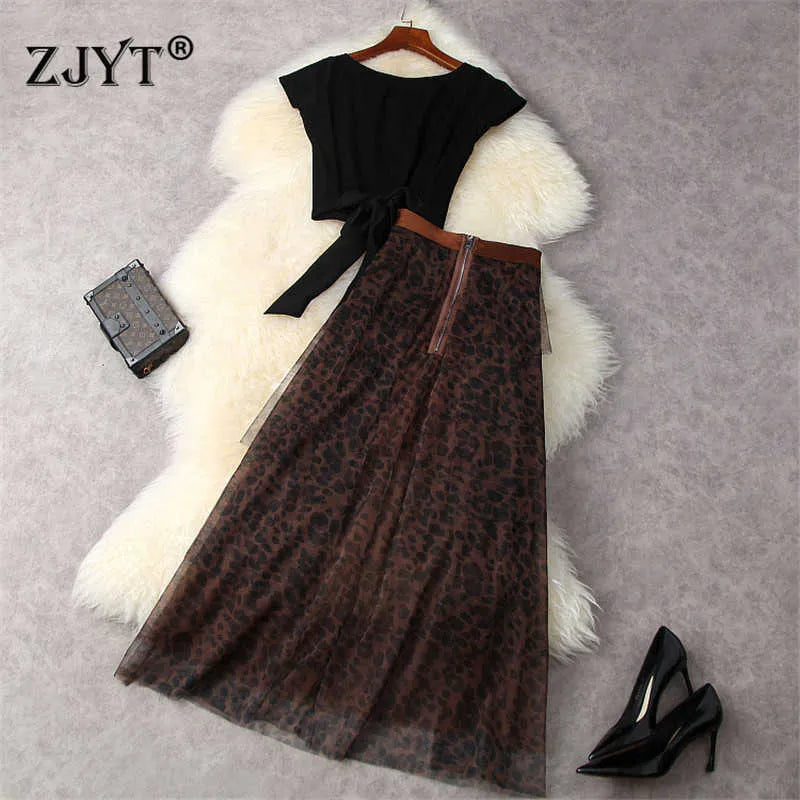 Summer Casual Dress Suit Women Designers Bandage Crop T Shirt and Leopard Midi Skirt Two Piece Set Sexy Vintage Outfits 210601