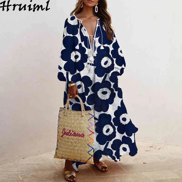 Plus Size Maxi Dresses for Women Fashion Print Long Sleeve V Neck Female Boho Dress Oversize Big Swing Party Club Autumn 210513