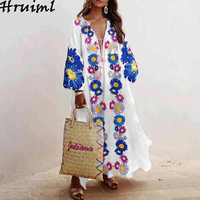 Plus Size Maxi Dresses for Women Fashion Print Long Sleeve V Neck Female Boho Dress Oversize Big Swing Party Club Autumn 210513