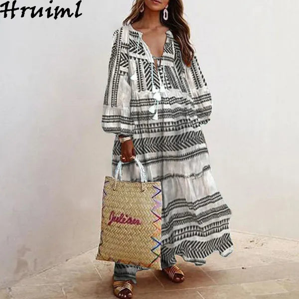 Plus Size Maxi Dresses for Women Fashion Print Long Sleeve V Neck Female Boho Dress Oversize Big Swing Party Club Autumn 210513