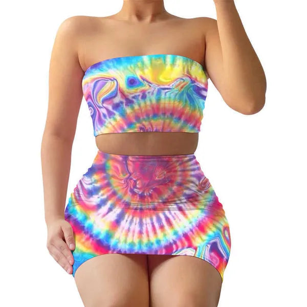 Swimsuit Bra outfits Summer Women Designer Casual Print Tie Dye Bra Skirt Two piece Sets Women Fashion Sexy Casual Clothing