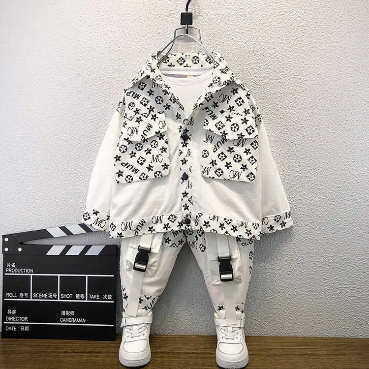 Baby Kids Boy's Cool Shirt Coat Jacket + Dungarees Pants Set Students Children's with Knee Pocket Two piece Outfits Sportswear