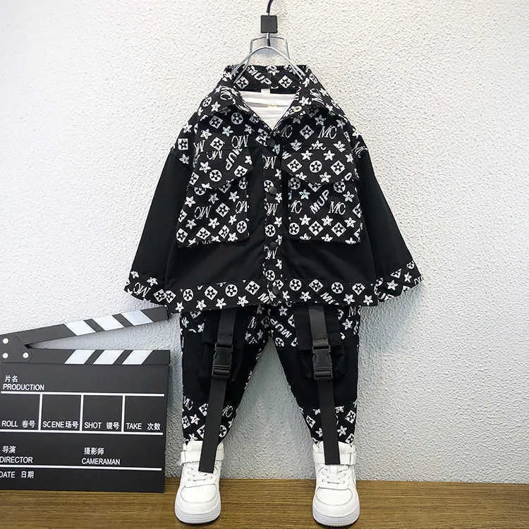 Baby Kids Boy's Cool Shirt Coat Jacket + Dungarees Pants Set Students Children's with Knee Pocket Two piece Outfits Sportswear