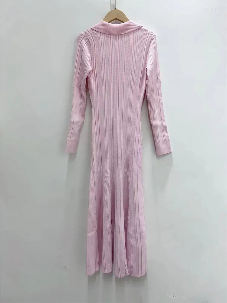 Casual Dresses Women Pink Knit Midi Dress Turn-Down Collar Pockets 2023 Spring Slim Elegant Female Long Sleeve Robe With Buttons