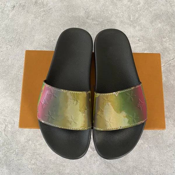 7a top quality gold-tone wedge sandal famous designer woman luxury Shoe 2 strap embossed Slippers newest flat heel slides man Summer Beach mule lady big size late Slide