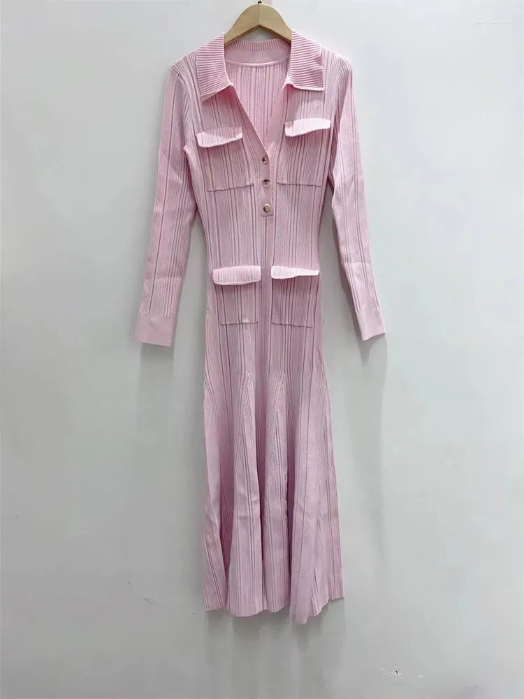 Casual Dresses Women Pink Knit Midi Dress Turn-Down Collar Pockets 2023 Spring Slim Elegant Female Long Sleeve Robe With Buttons