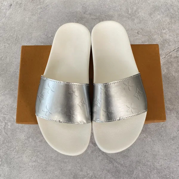 7a top quality gold-tone wedge sandal famous designer woman luxury Shoe 2 strap embossed Slippers newest flat heel slides man Summer Beach mule lady big size late Slide