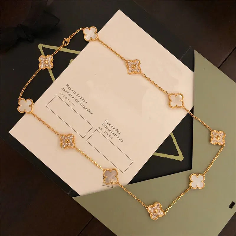 Luxury 10 Diamond Clover Necklace Brand Fashion Vans Cleef Necklace High Quality 18k Gold Designer Necklace with Box for Women's Jewelry