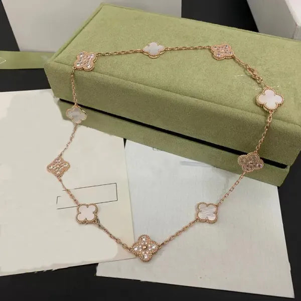 Luxury 10 Diamond Clover Necklace Brand Fashion Vans Cleef Necklace High Quality 18k Gold Designer Necklace with Box for Women's Jewelry